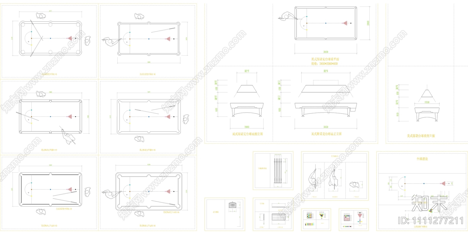 美式落袋英式斯诺克台球桌CAD动态块施工图下载【ID:1111277211】