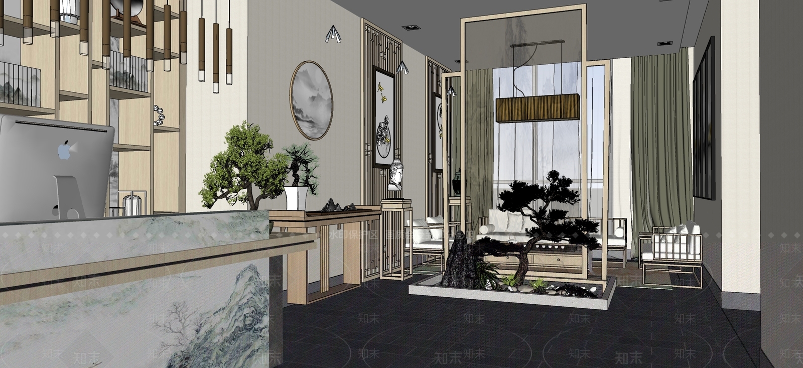 新中式休息区SU模型下载【ID:1111280337】