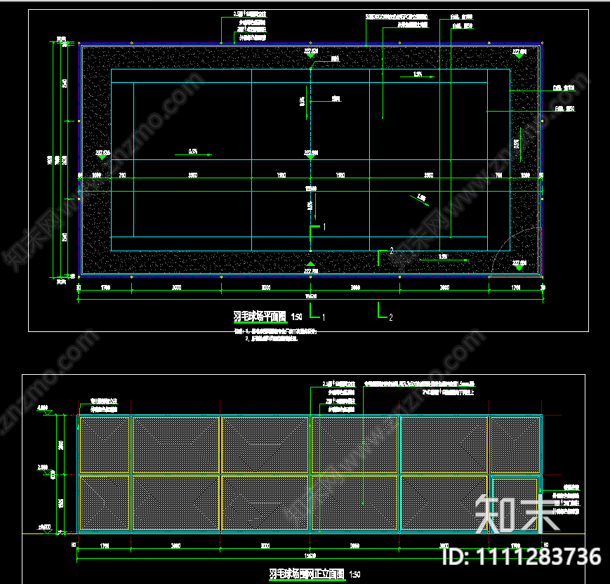标准羽毛球场施工图含围挡cad施工图下载【ID:1111283736】