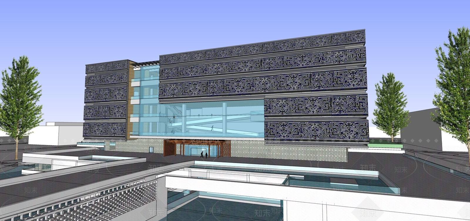 新中式图书馆建筑SU模型下载【ID:1111375022】