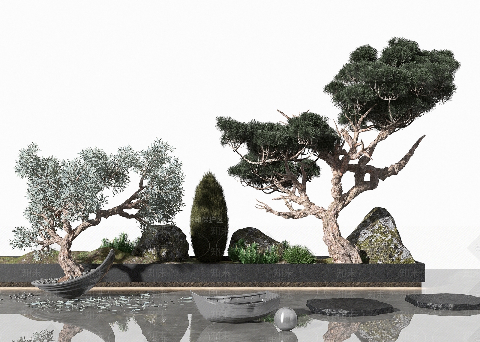 新中式禅意松树植物景观3D模型下载【ID:1111379152】