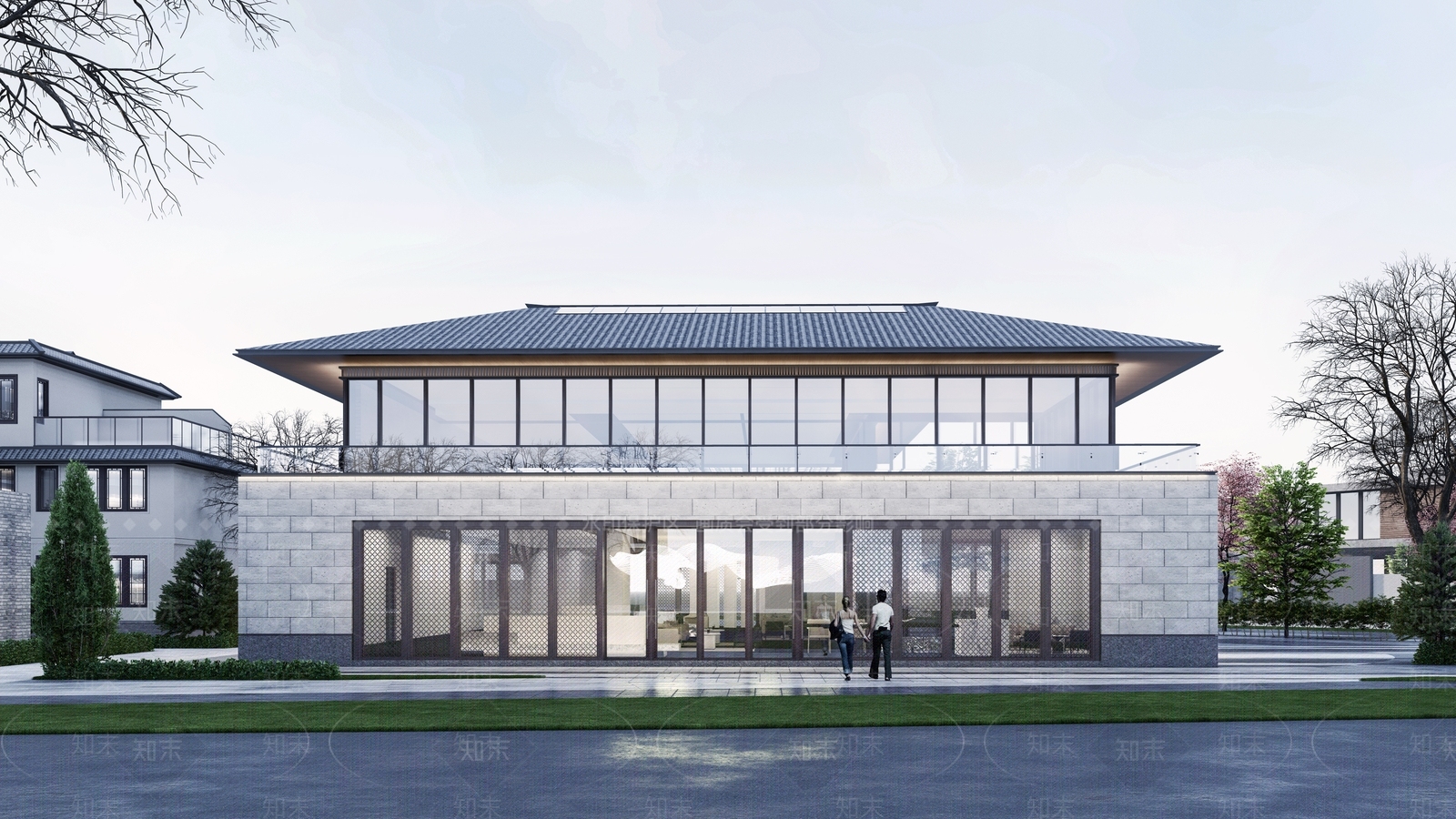 新中式售楼处建筑SU模型下载【ID:1111473343】