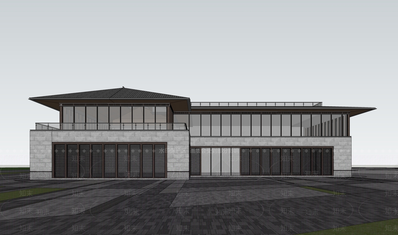 新中式售楼处建筑SU模型下载【ID:1111473343】