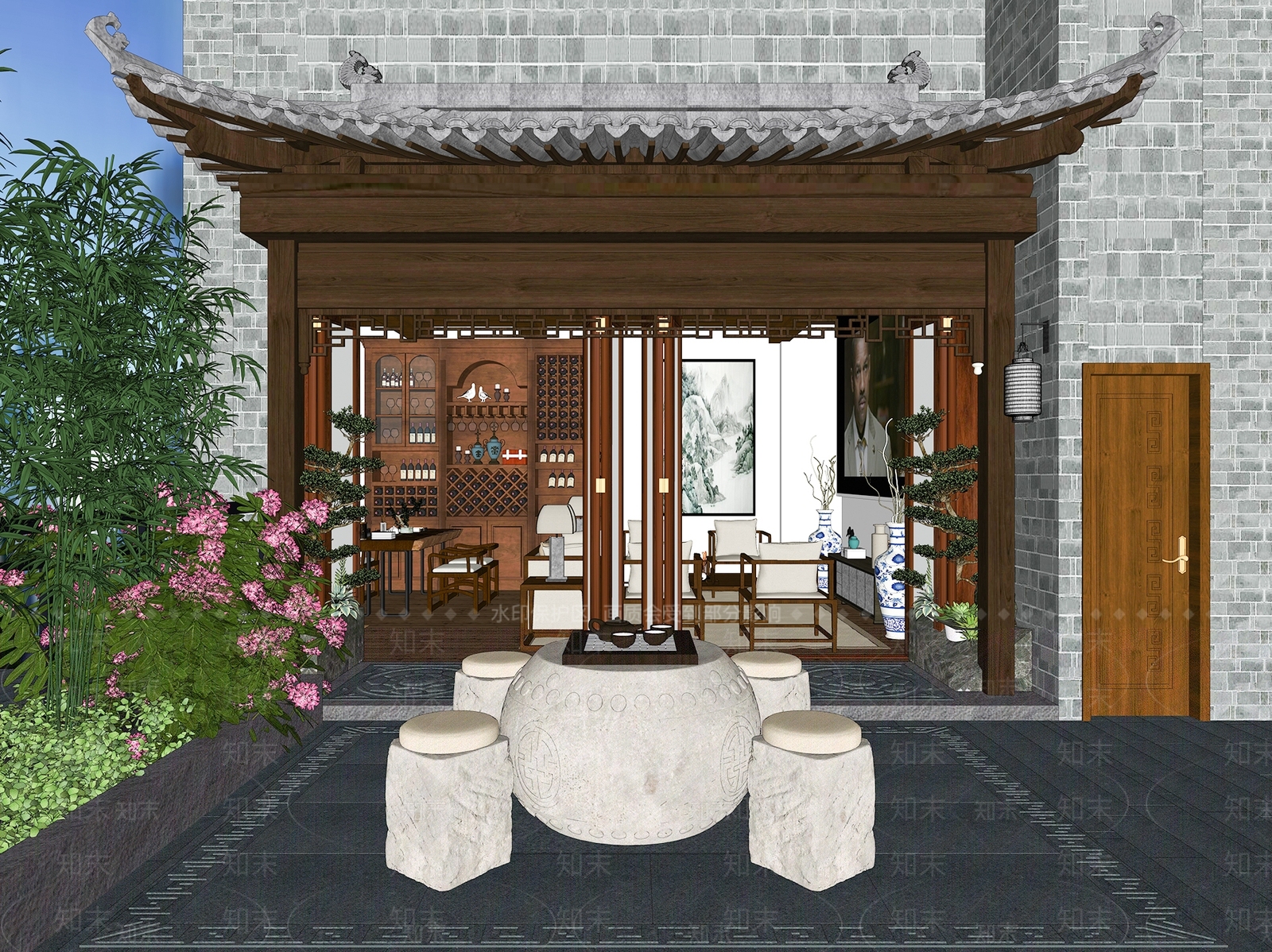 新中式别墅阳台SU模型下载【ID:1111519790】