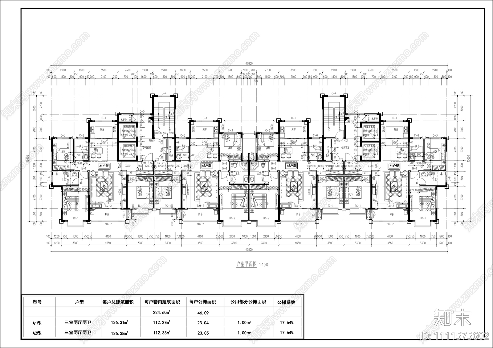 高层建筑住宅平面cad施工图下载【ID:1111575602】