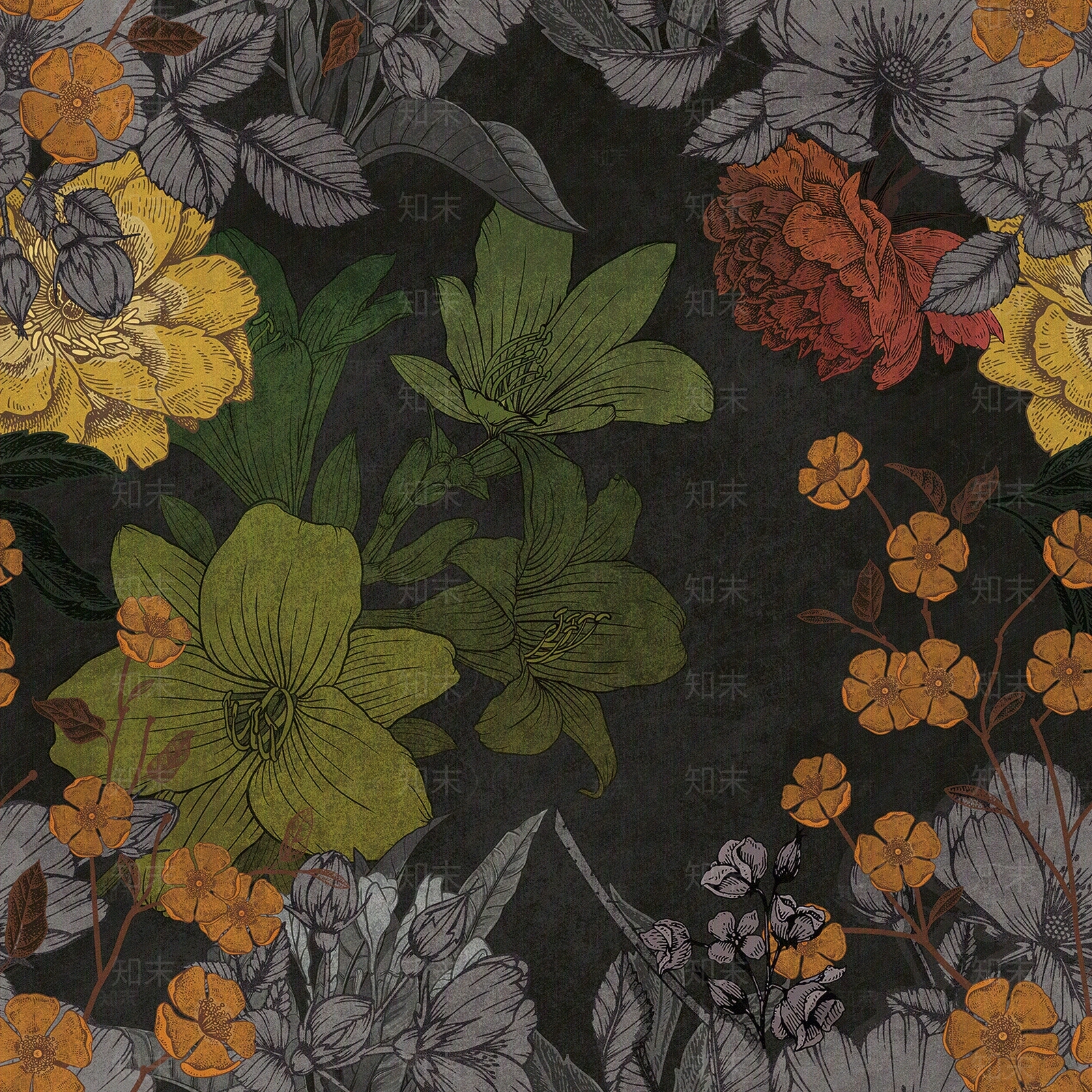 复古深色植物花卉印花壁纸贴图下载【ID:1111576873】