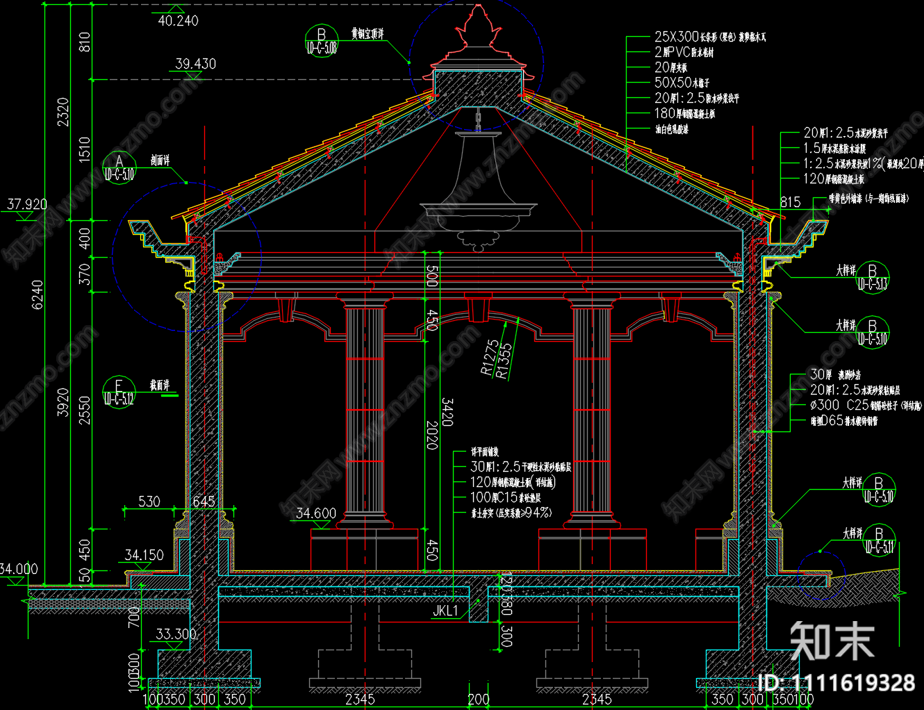 欧式古典八角景观亭施工图cad施工图下载【ID:1111619328】