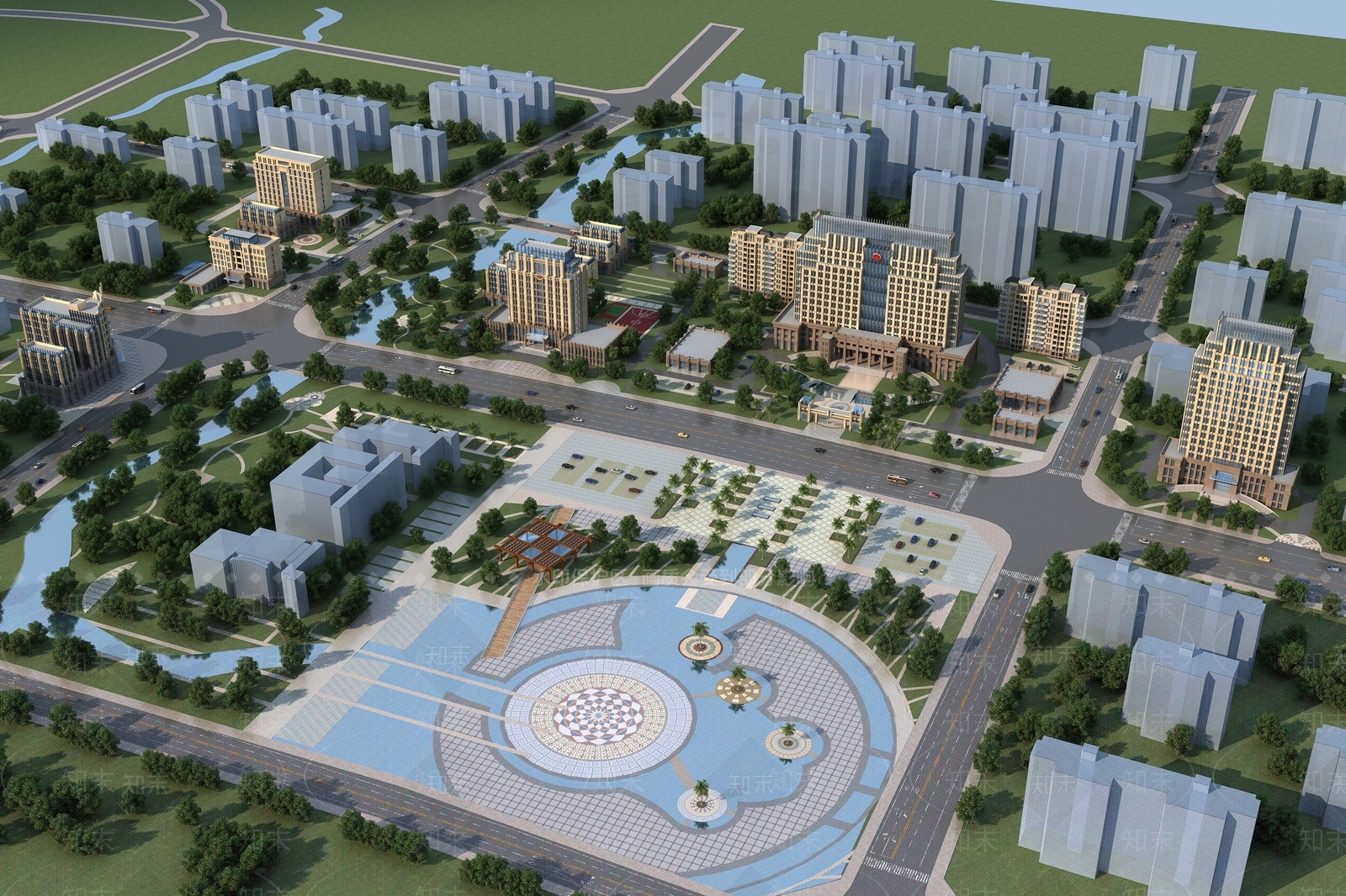 简欧广场鸟瞰规划3D模型下载【ID:1111631894】