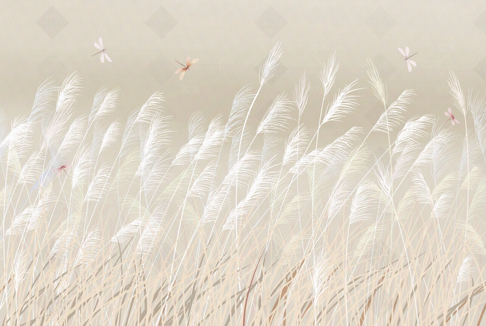 中式黄灰色芦苇风景壁画贴图下载【ID:1111717664】