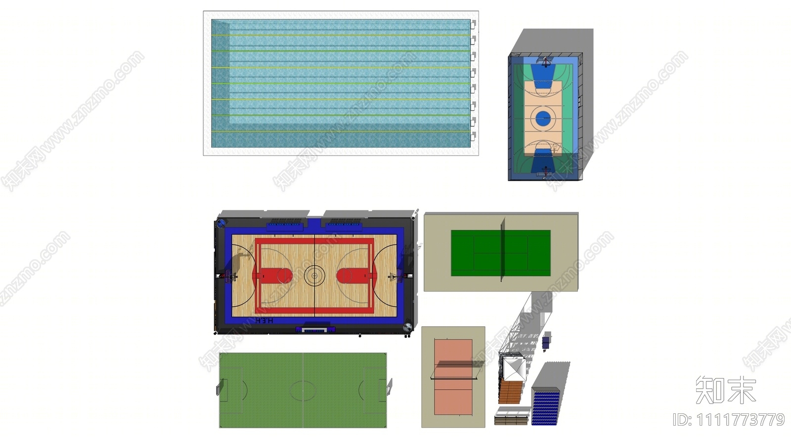 现代篮球场SU模型下载【ID:1111773779】