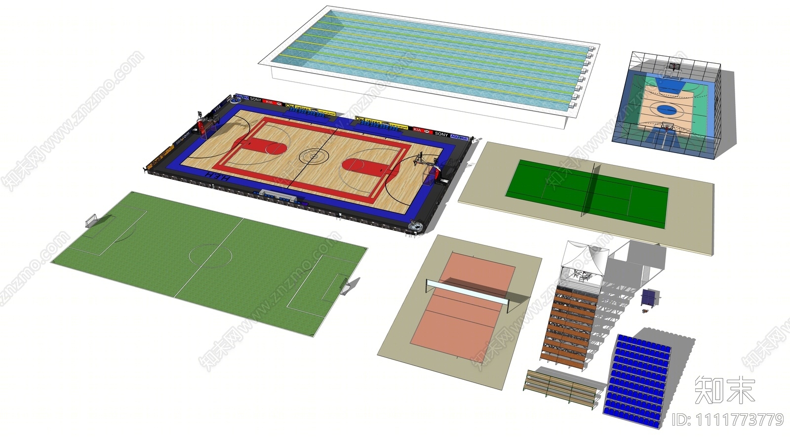 现代篮球场SU模型下载【ID:1111773779】