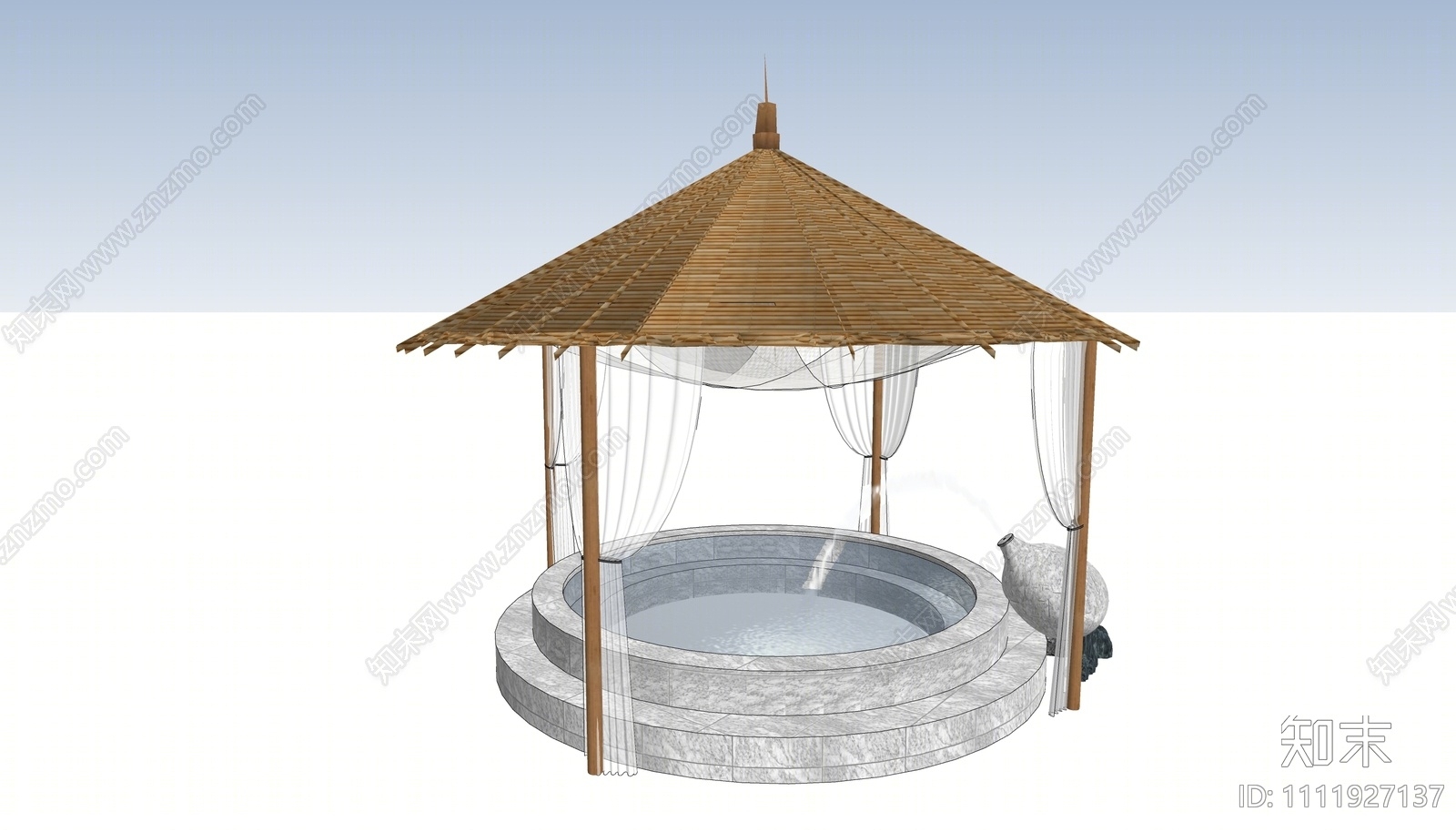 现代温泉池茅草亭SU模型下载【ID:1111927137】