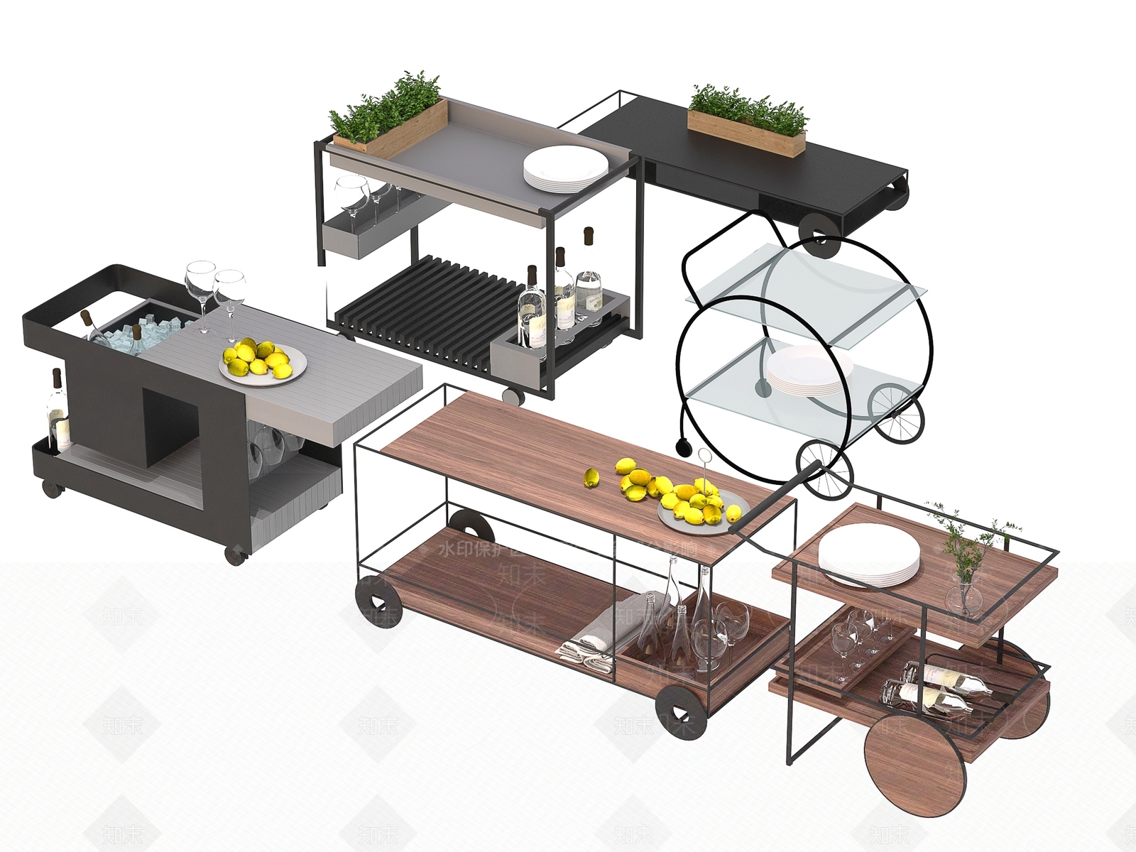 现代西餐厅移动餐车3D模型下载【ID:1111968152】