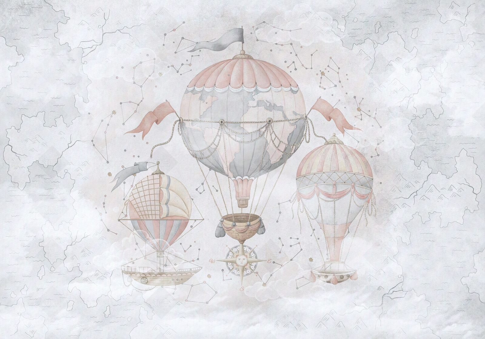 北欧儿童梦幻热气球壁画贴图下载【ID:1111992340】