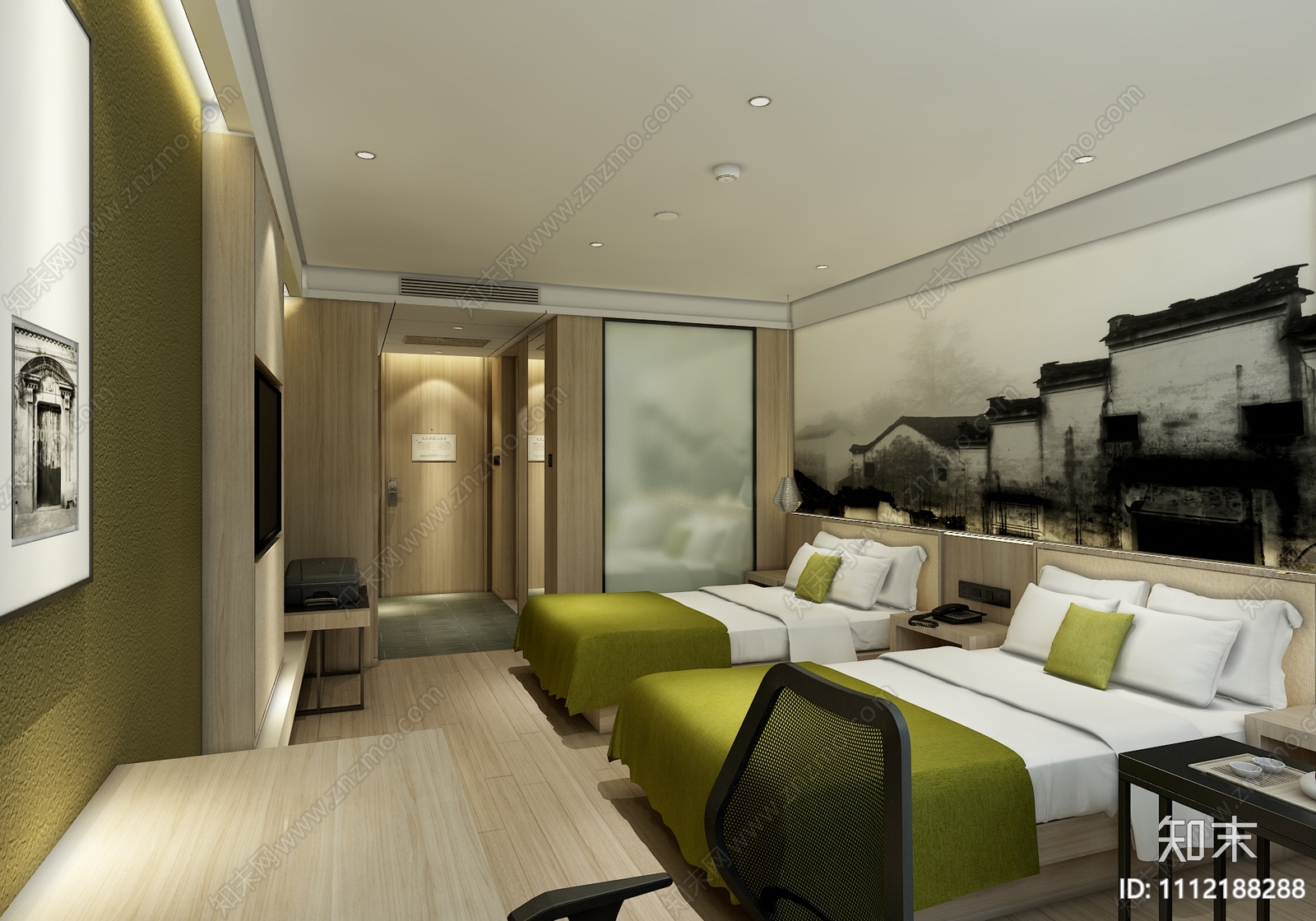 亚朵酒店双床房施工图下载【ID:1112188288】