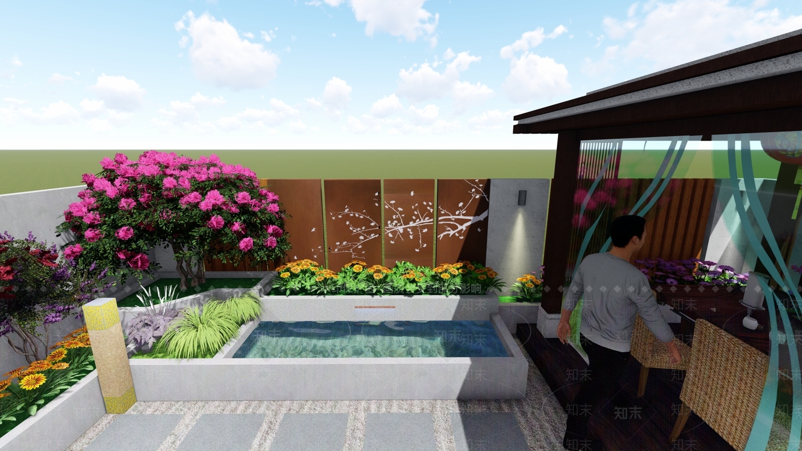 新中式屋顶花园SU模型下载【ID:1112138396】
