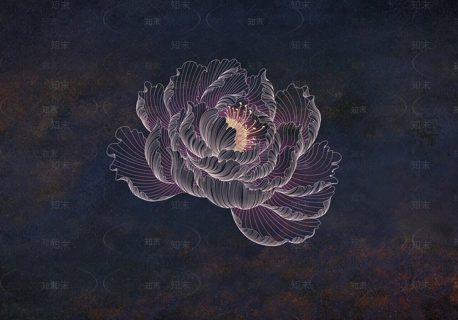 黑紫色中式牡丹花卉壁画贴图下载【ID:1112107165】