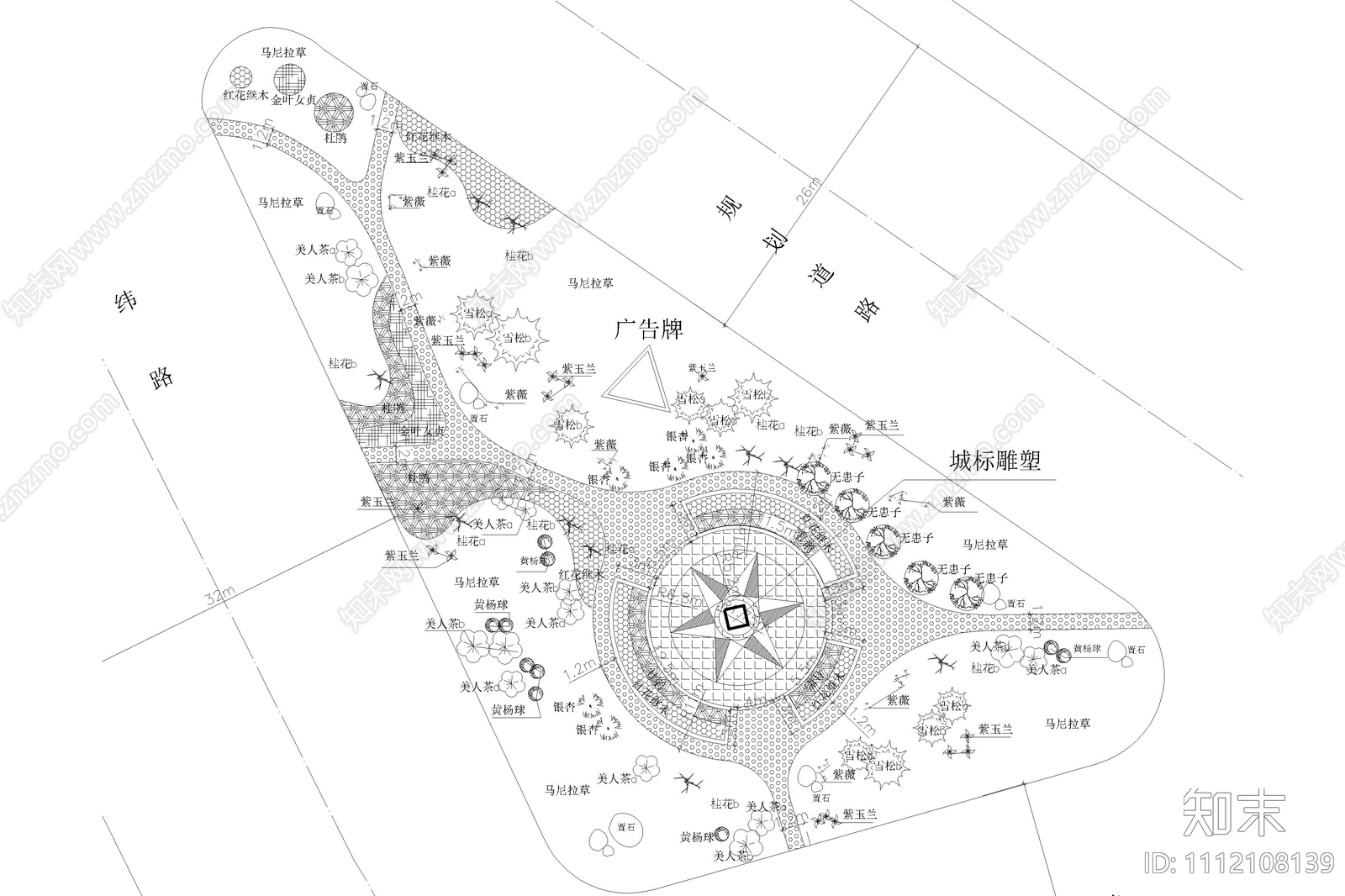 道路交叉口交通岛绿化设计平面施工图下载【ID:1112108139】