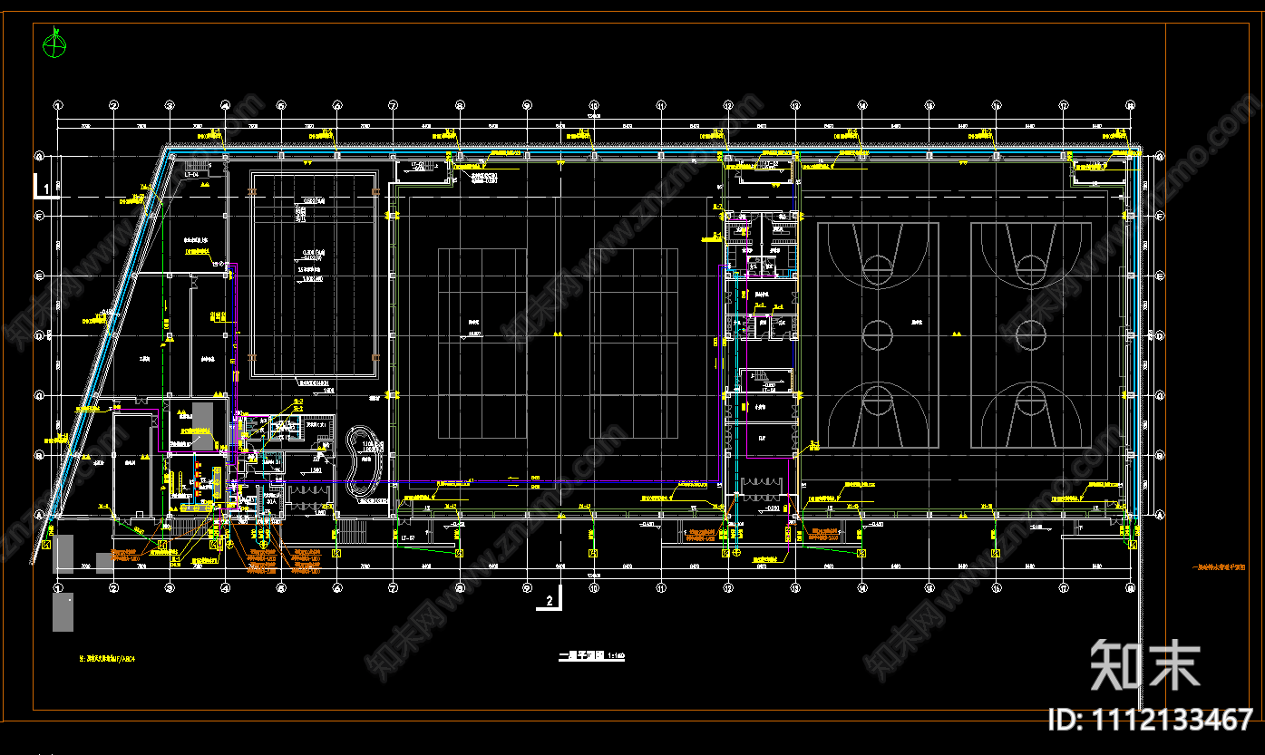 一层体育馆建筑给排水图纸cad施工图下载【ID:1112133467】