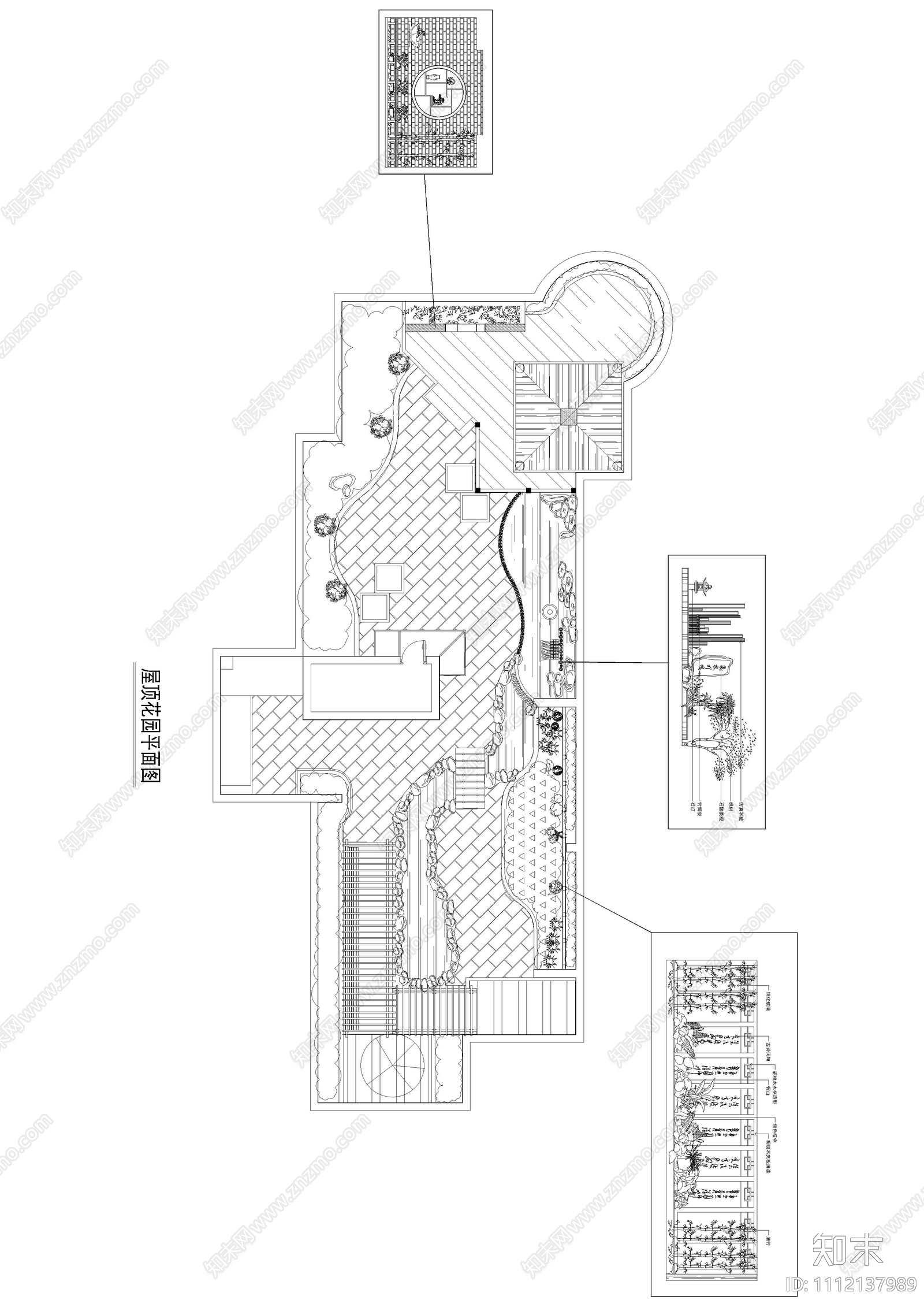 小区屋顶花园设计平立面图cad施工图下载【ID:1112137989】