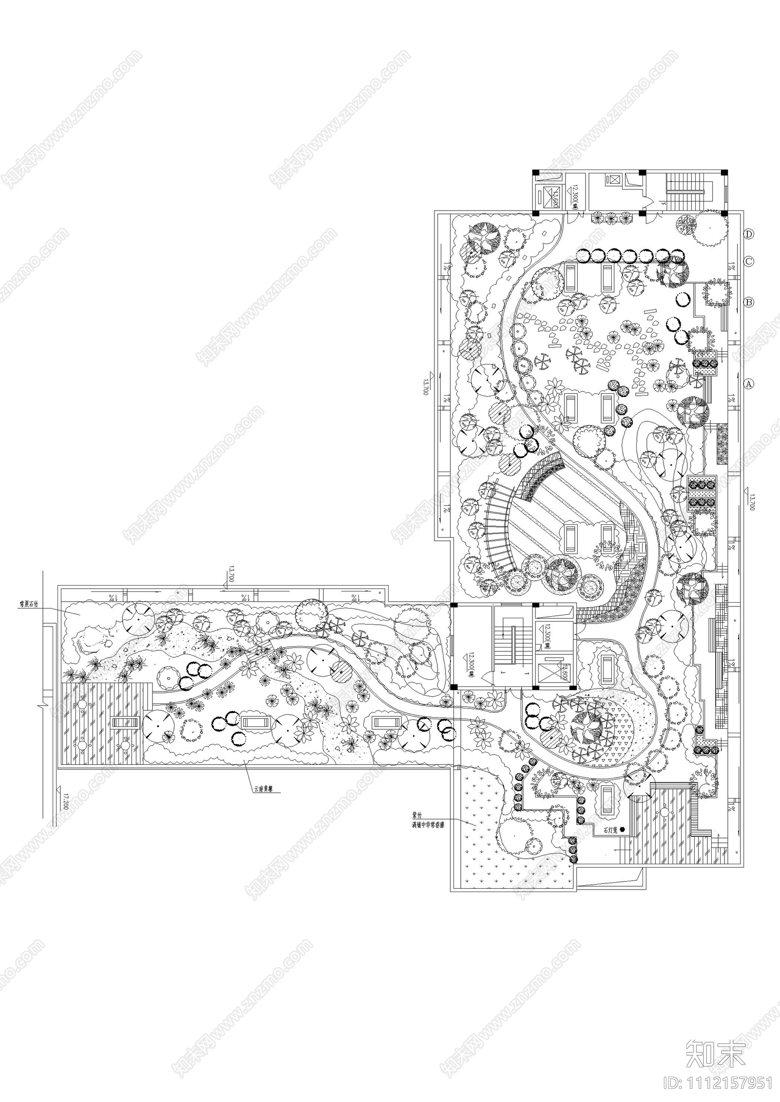 小区屋顶花园设计平立面图cad施工图下载【ID:1112157951】