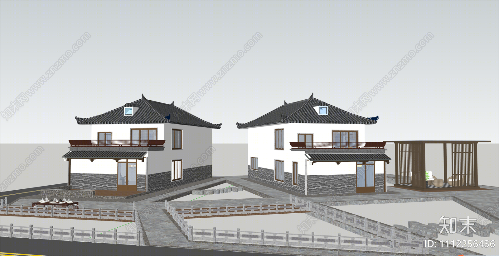 新中式民宿建筑SU模型下载【ID:1112256436】