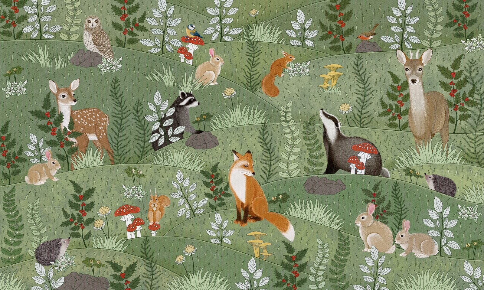 动物森林绿色系儿童房壁画贴图下载【ID:1112331762】