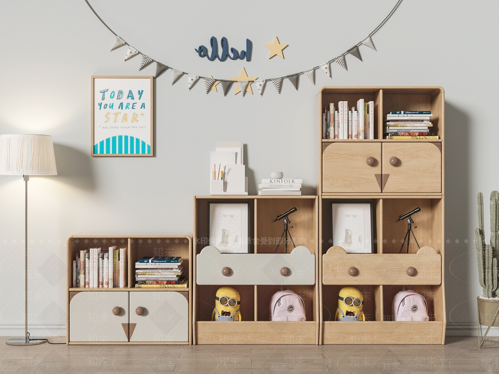 北欧实木儿童书柜组合SU模型下载【ID:1112379090】