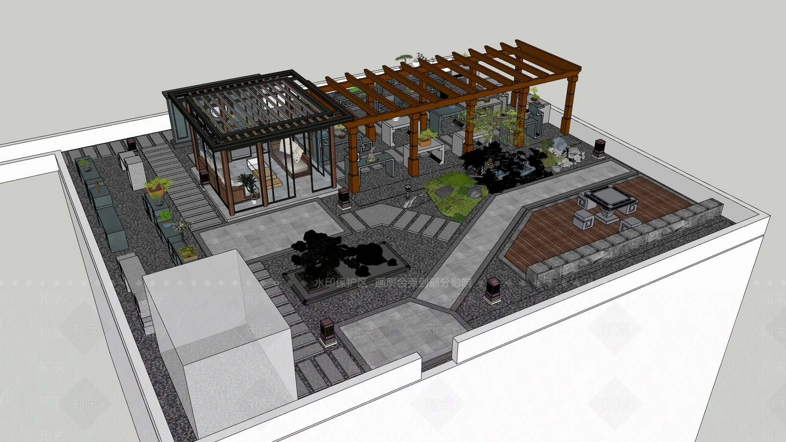 新中式屋顶花园SU模型下载【ID:1112404643】