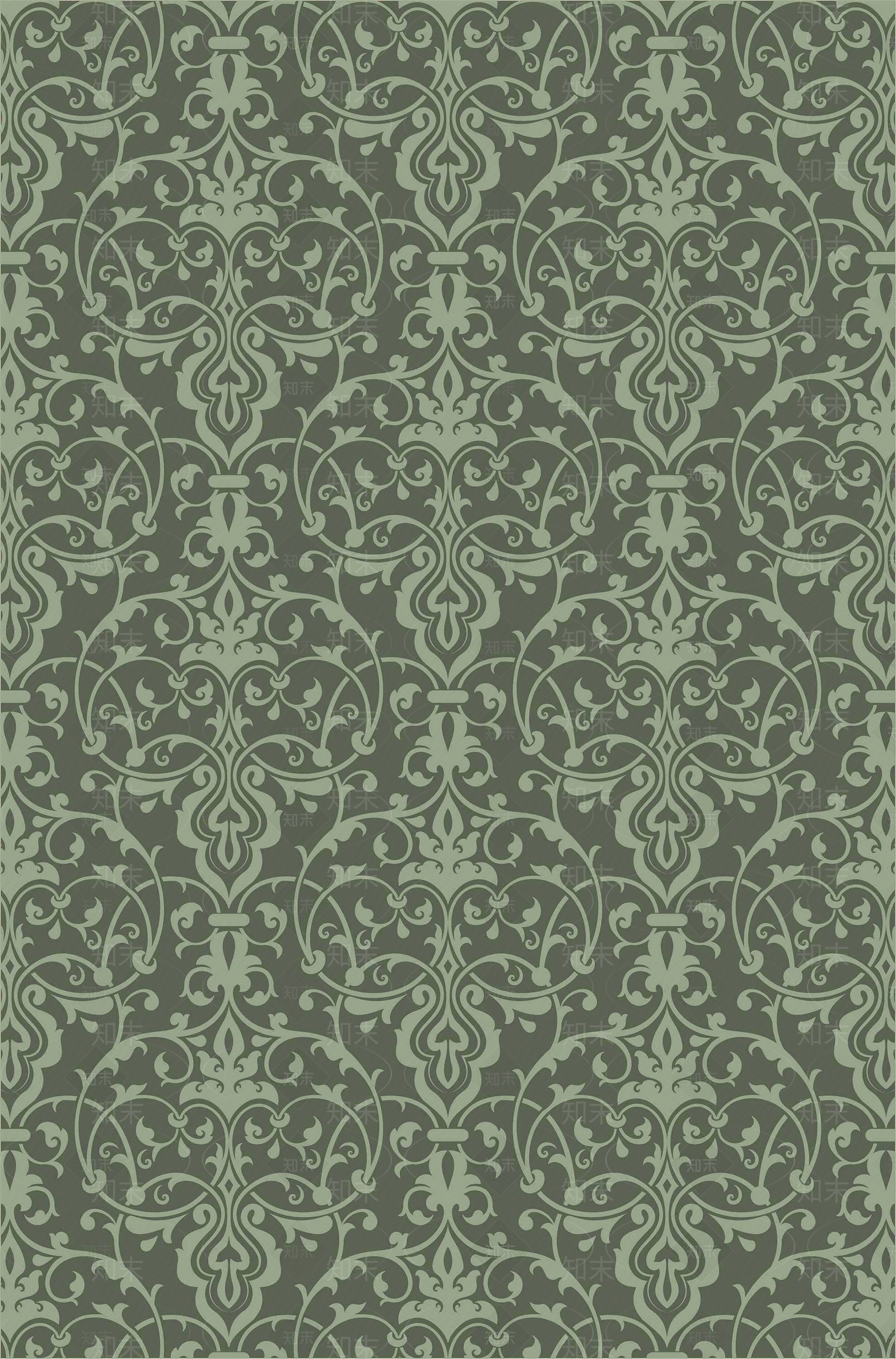 复古绿欧式大马士革印花墙纸贴图下载【ID:1112490852】