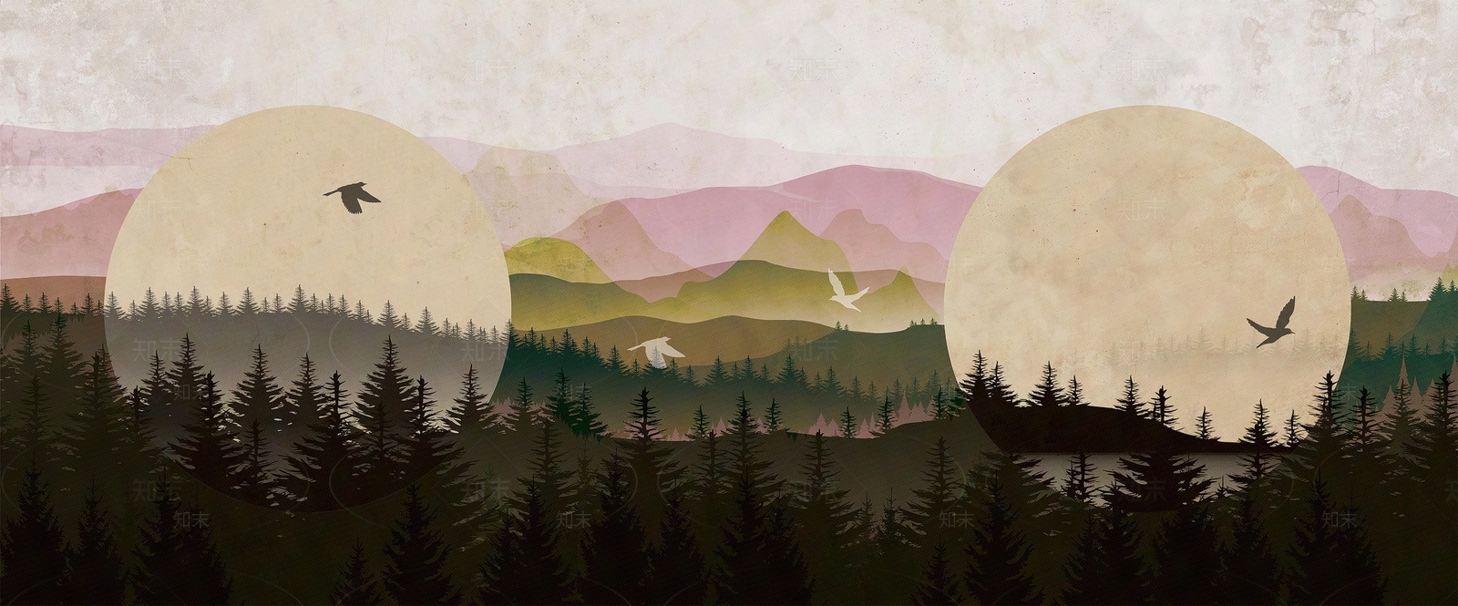 暖色新中式山水风景壁画贴图下载【ID:1112521046】