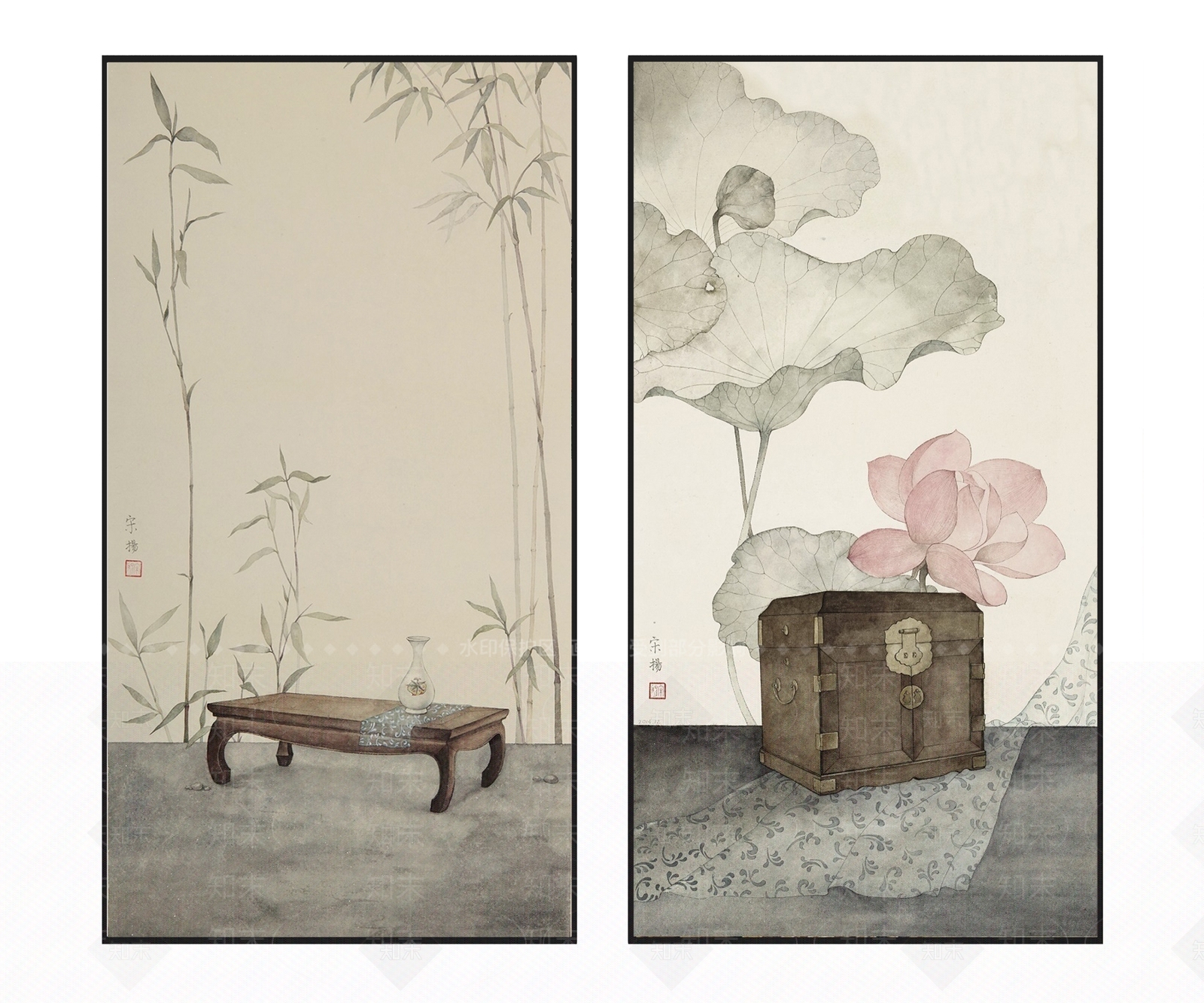 新中式清雅精致禅意花卉案几挂画组合3D模型下载【ID:1112543632】