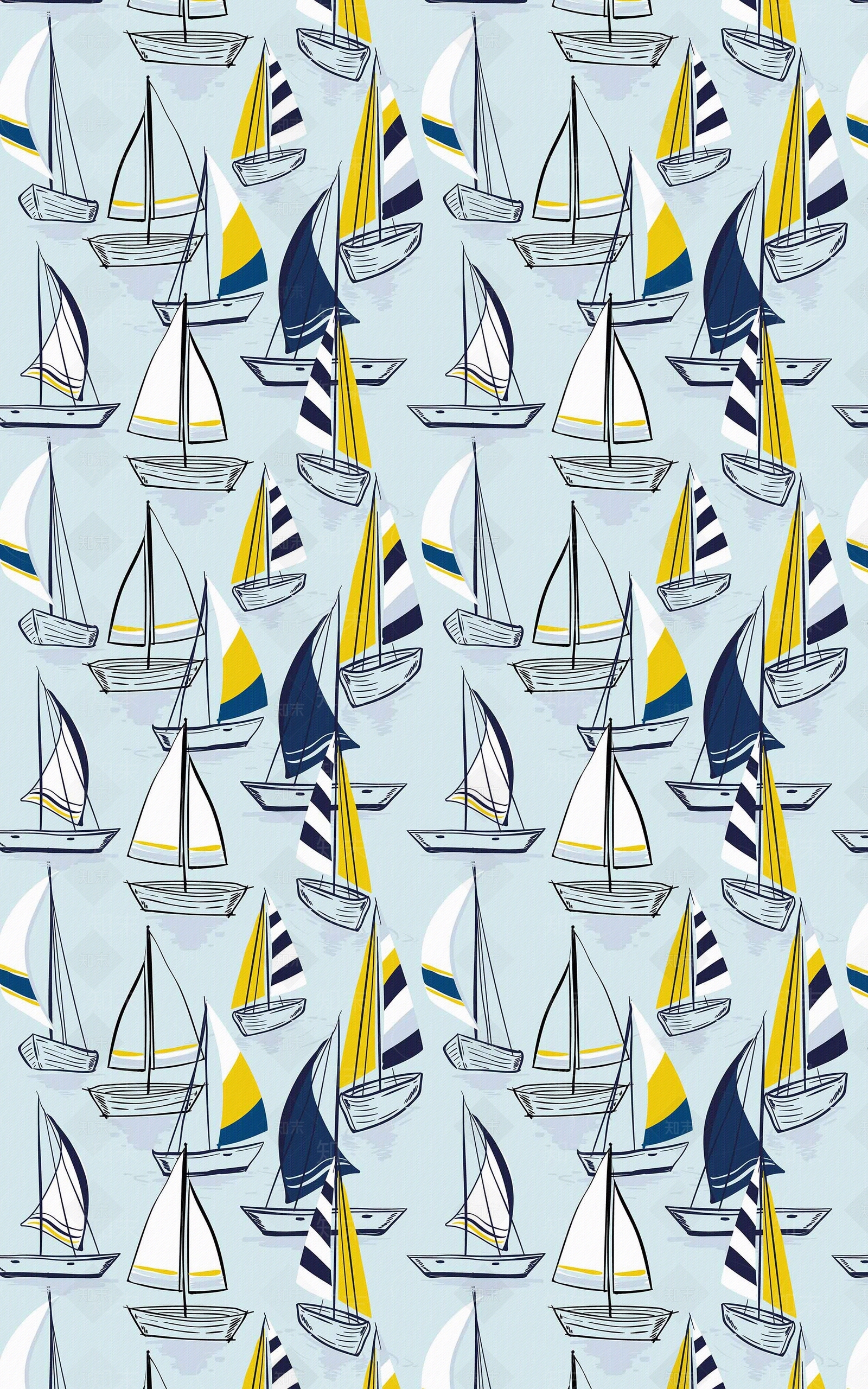 蓝色儿童卡通帆船印花壁纸贴图下载【ID:1112560250】