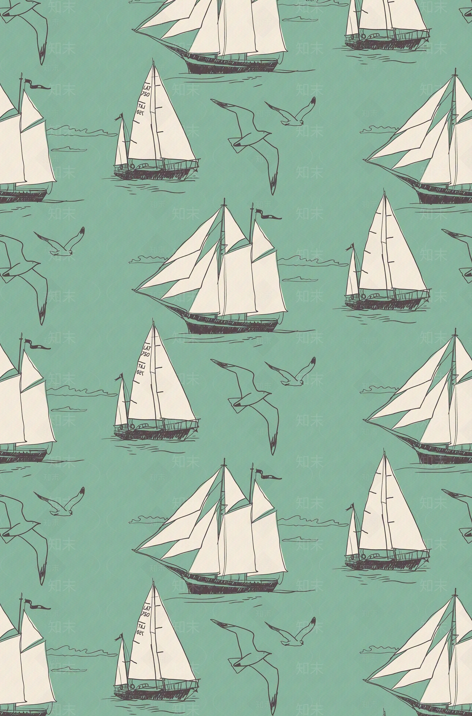 儿童卡通帆船海鸥壁纸贴图下载【ID:1112567610】