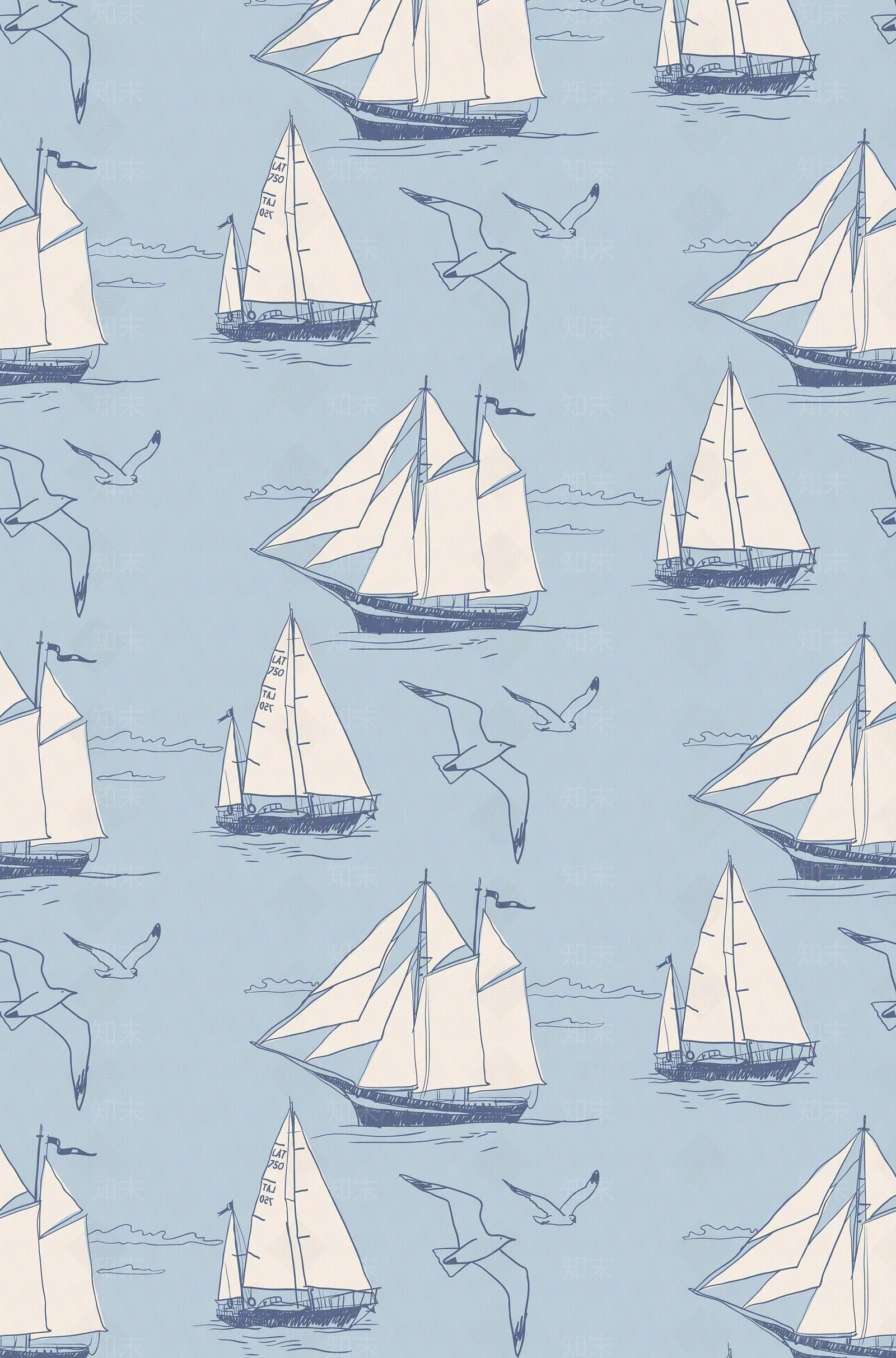 儿童卡通帆船海鸥壁纸贴图下载【ID:1112567703】