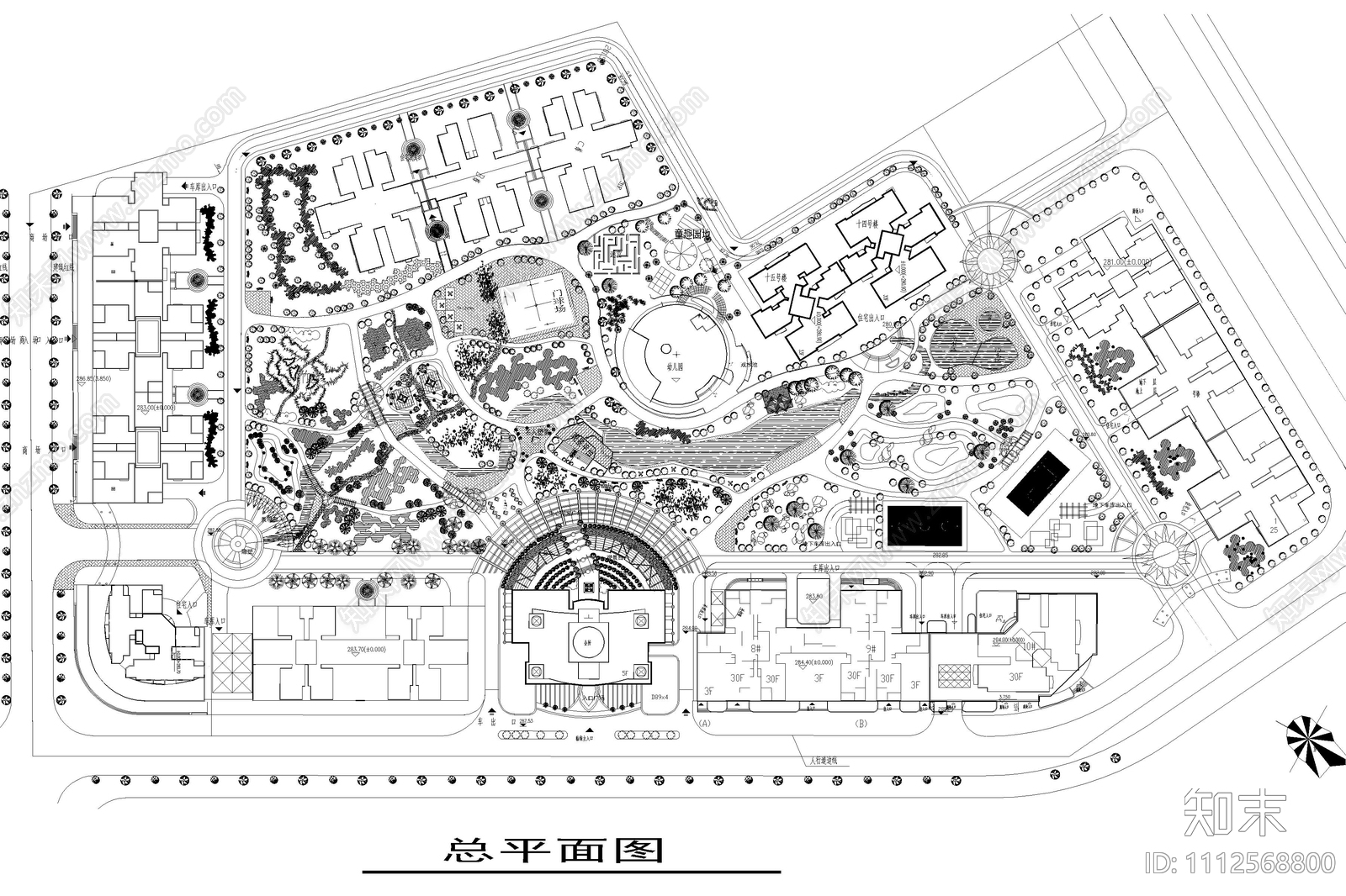 高层小区景观规划平面图施工图下载【ID:1112568800】