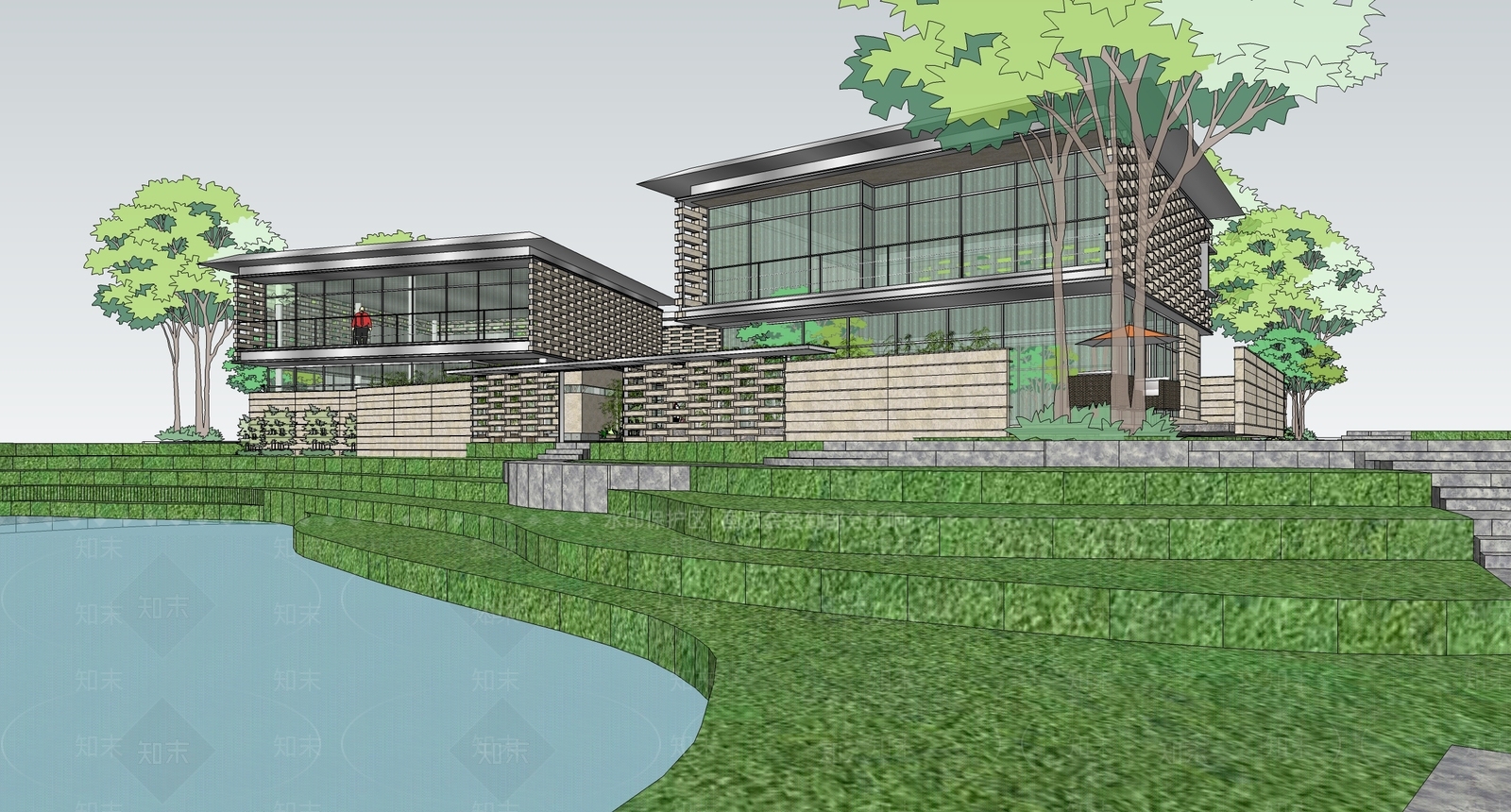 现代滨水独栋别墅SU模型下载【ID:1112608133】