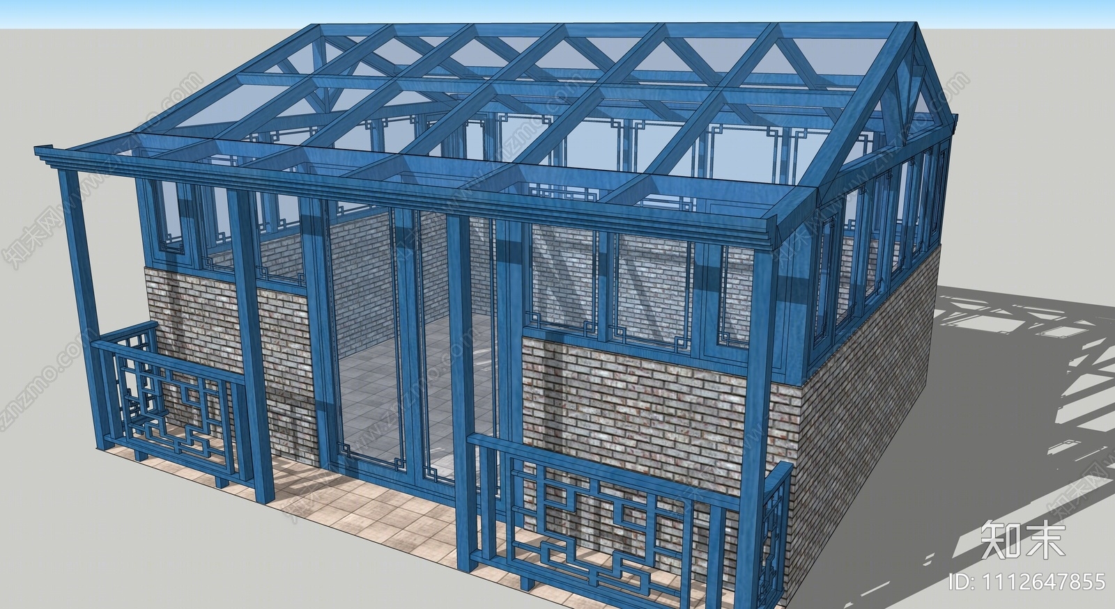 新中式人字顶阳光房SU模型下载【ID:1112647855】