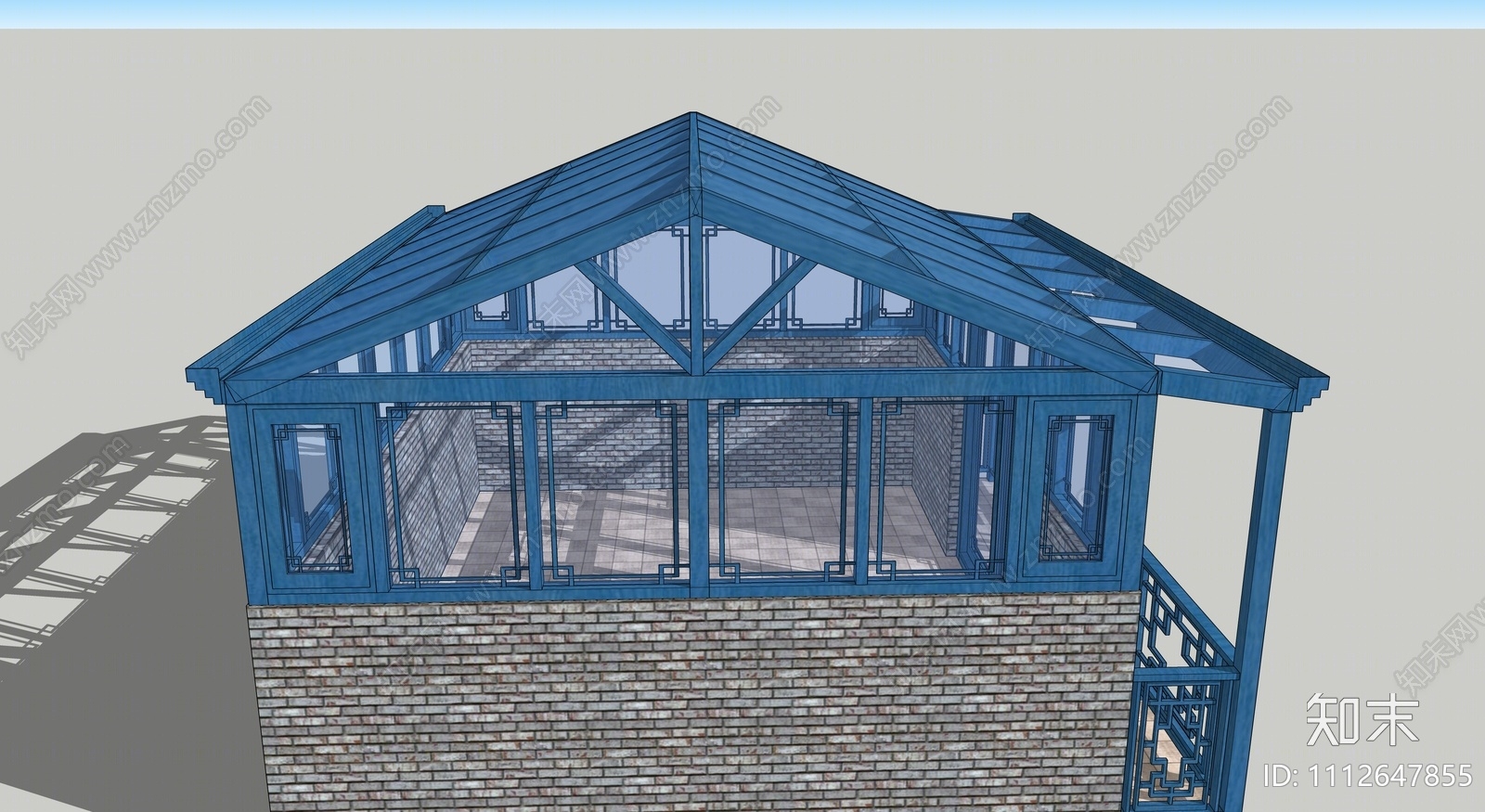 新中式人字顶阳光房SU模型下载【ID:1112647855】