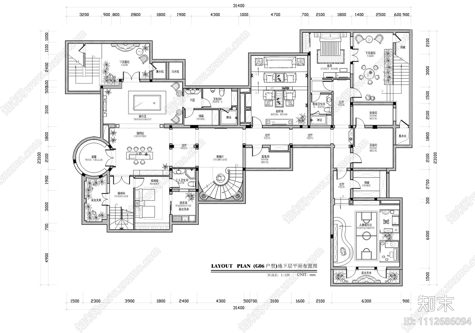 1100㎡三层别墅豪宅CAD施工图cad施工图下载【ID:1112686094】