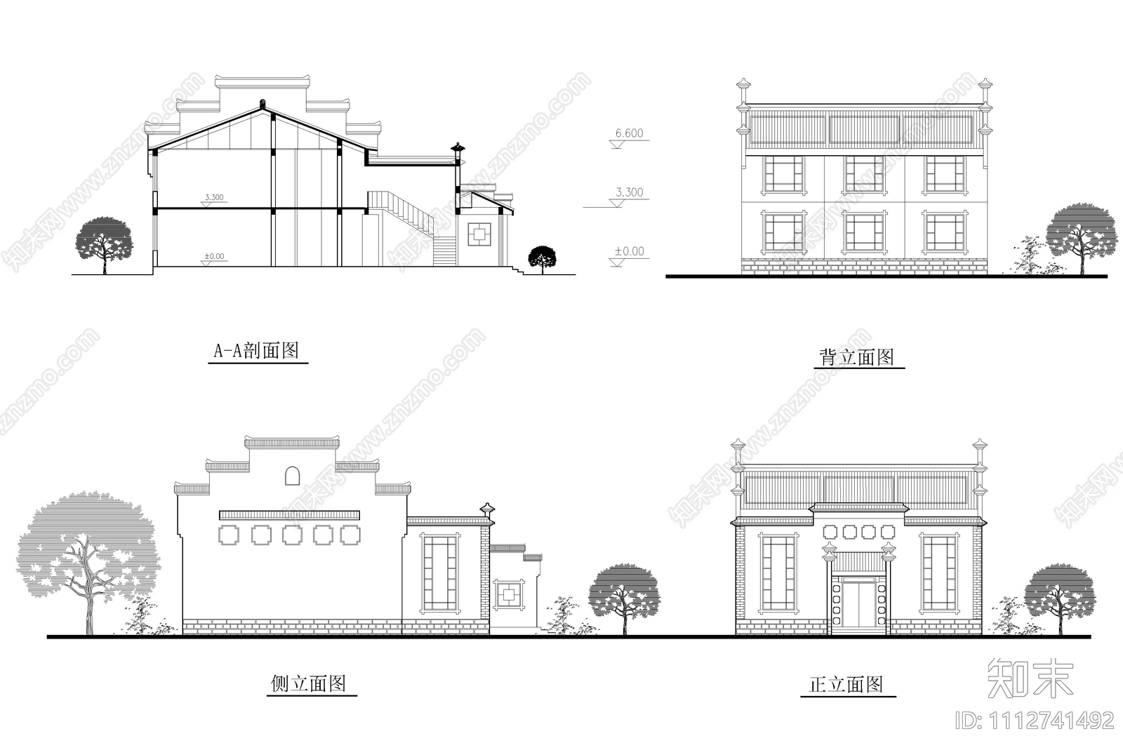 新徽派园林酒店平立面图施工图下载【ID:1112741492】