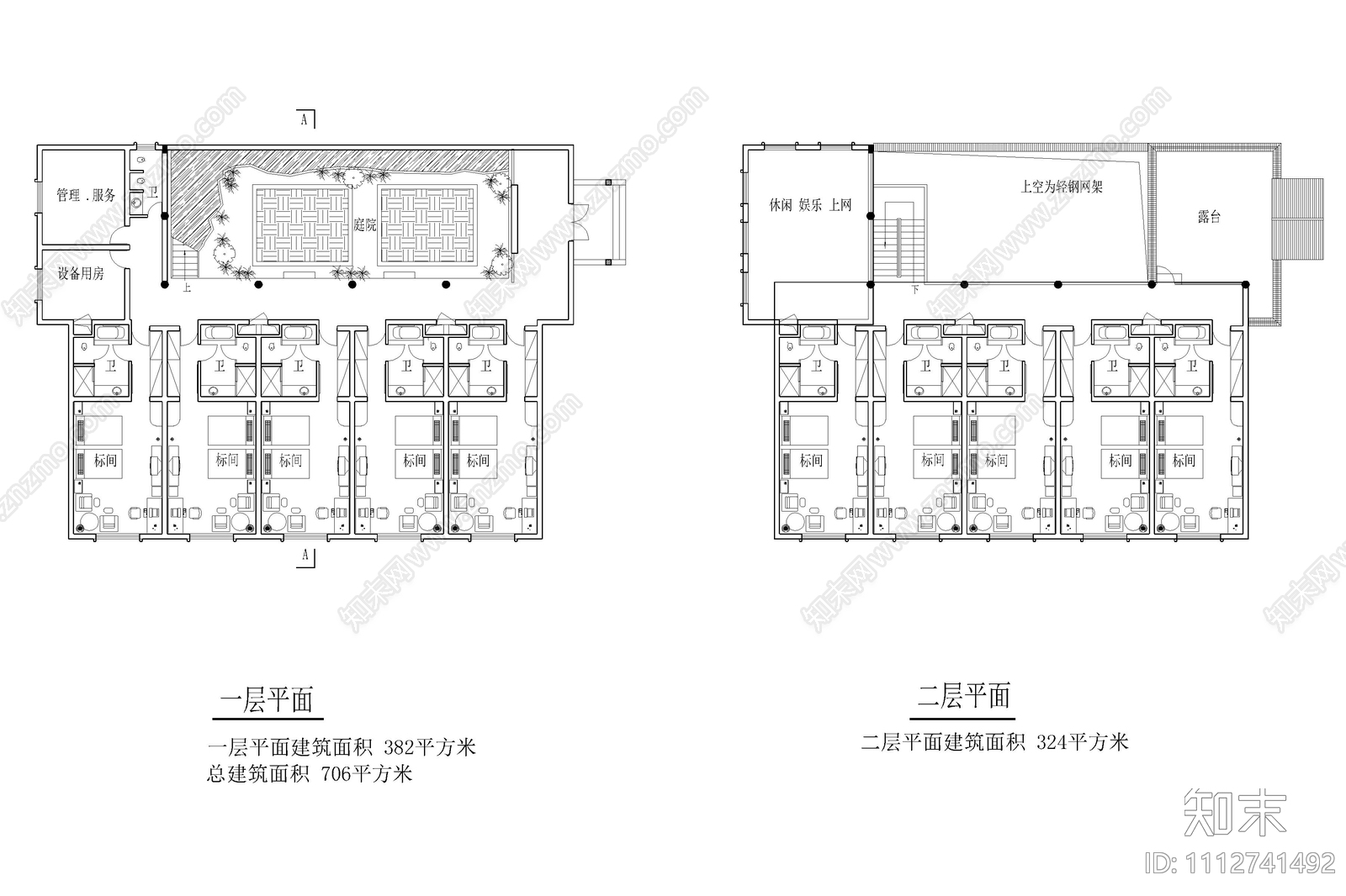 新徽派园林酒店平立面图施工图下载【ID:1112741492】