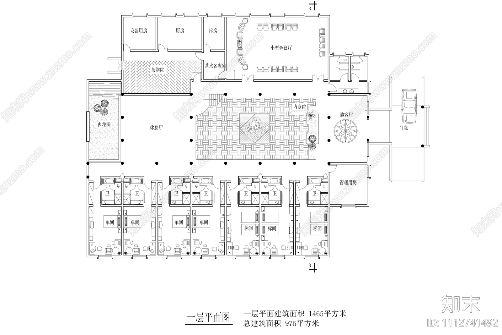 新徽派园林酒店平立面图施工图下载【ID:1112741492】