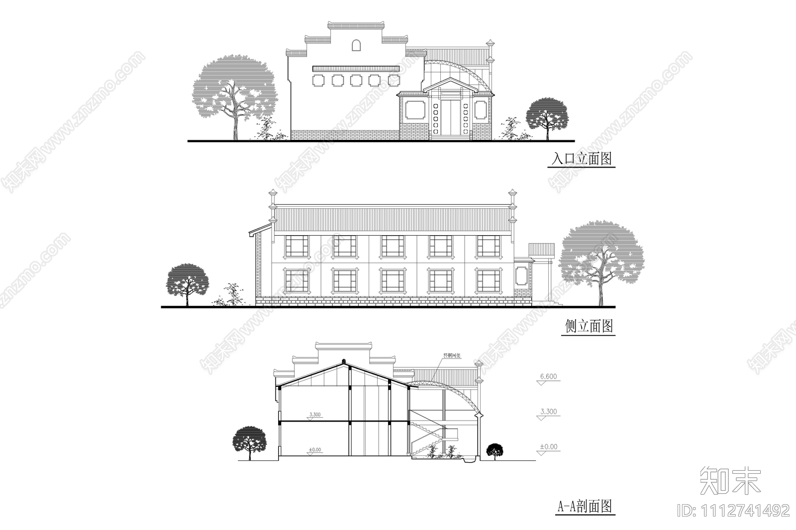 新徽派园林酒店平立面图施工图下载【ID:1112741492】