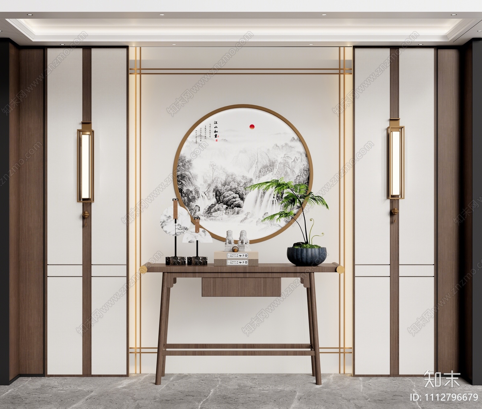 新中式端景条案SU模型下载【ID:1112796679】