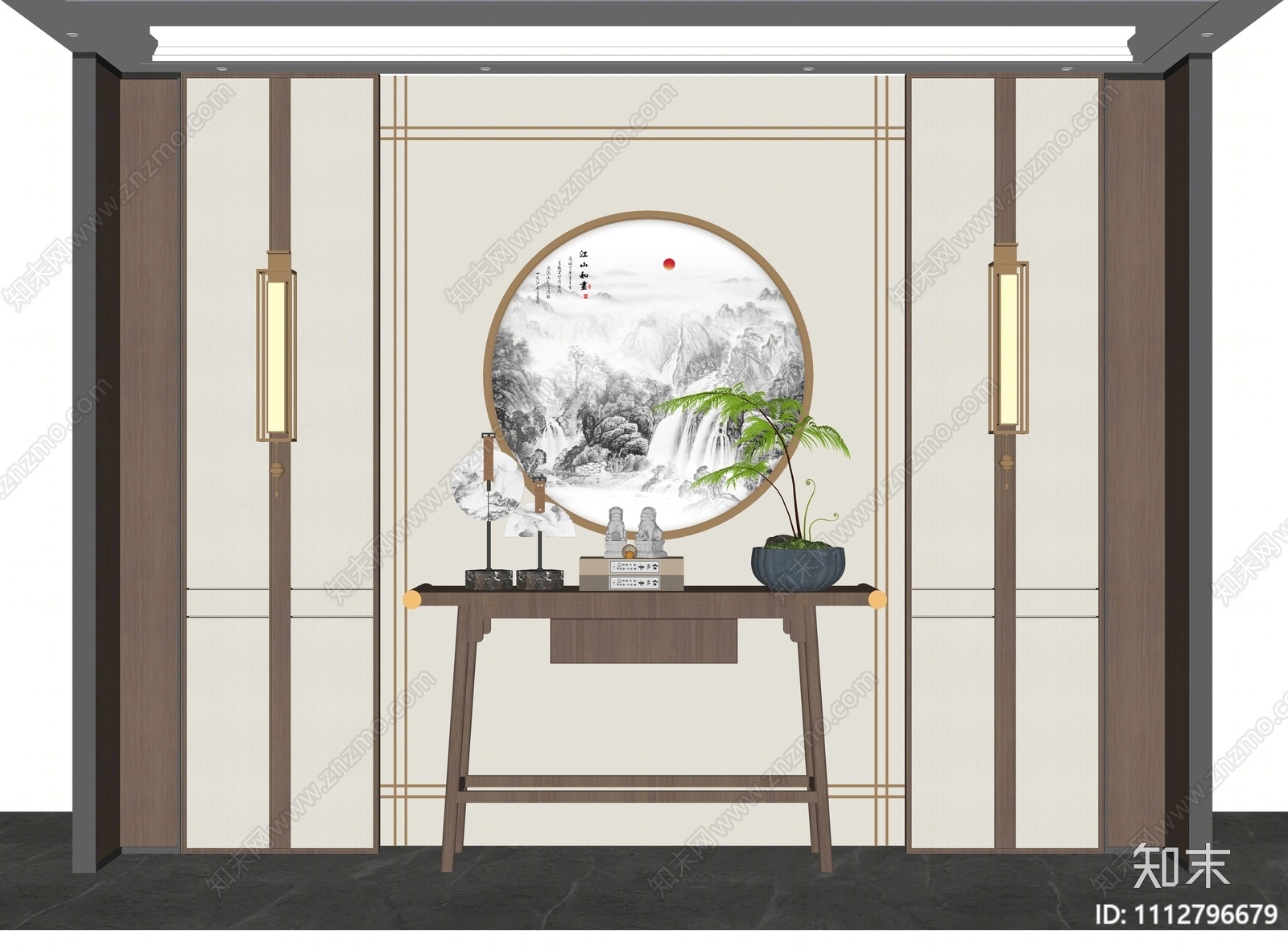 新中式端景条案SU模型下载【ID:1112796679】