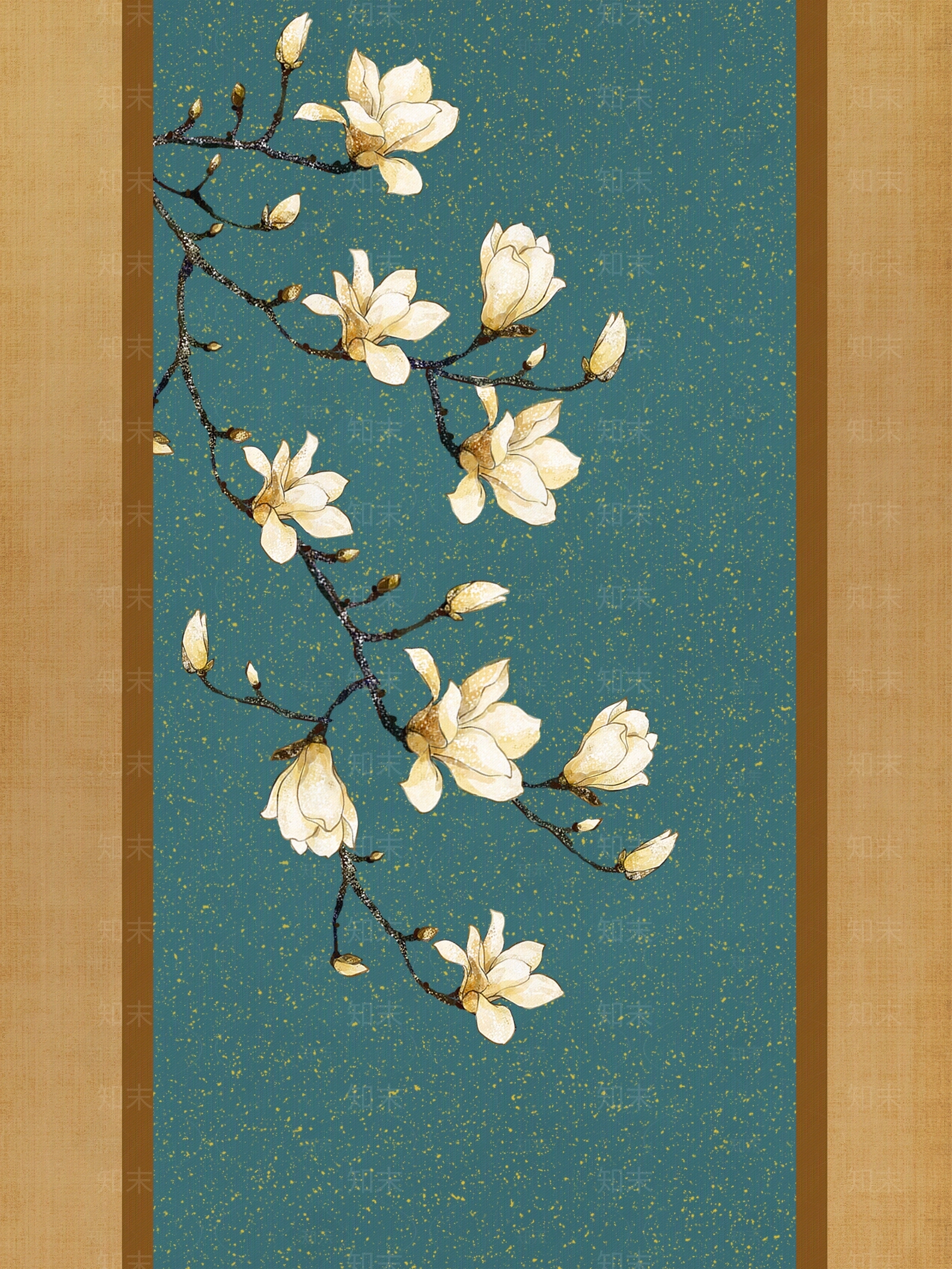 中式玉兰花工笔装饰画贴图下载【ID:1112847825】