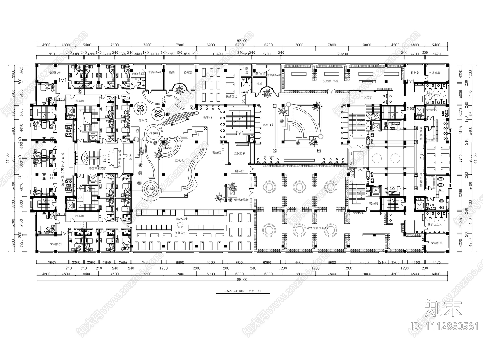 4500㎡温泉洗浴中心平面布置图施工图下载【ID:1112880581】