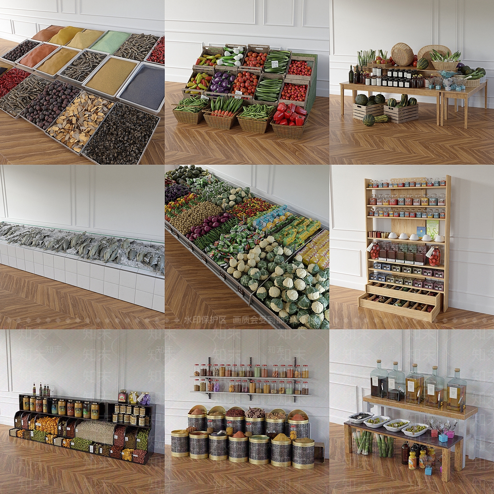 现代蔬菜谷物陈列货架3D模型下载【ID:1112916399】