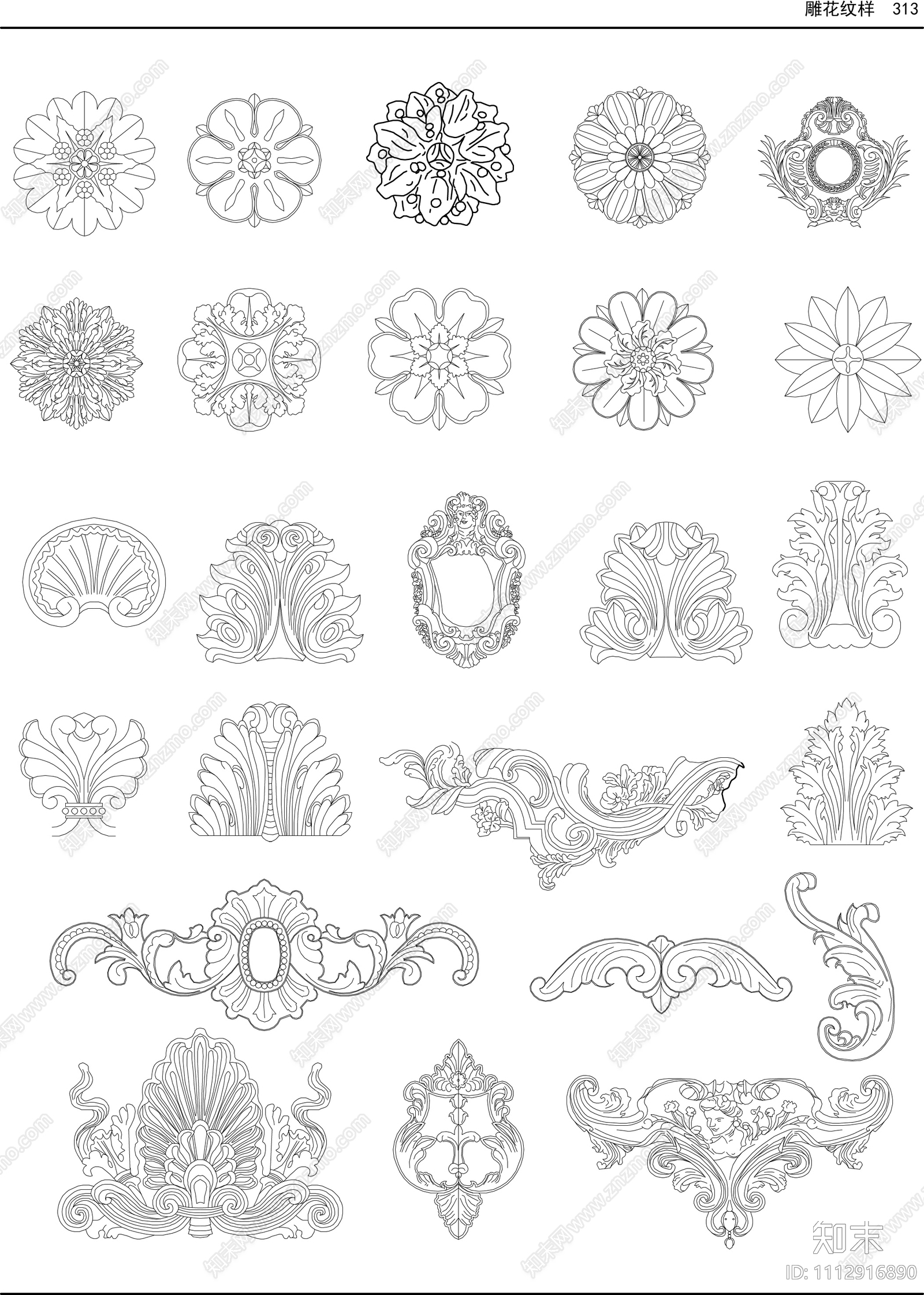 欧式家具雕花CAD图库施工图下载【ID:1112916890】